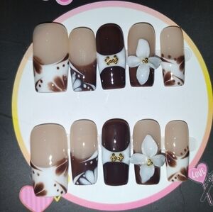 Brown and White Floral Nail Art Set